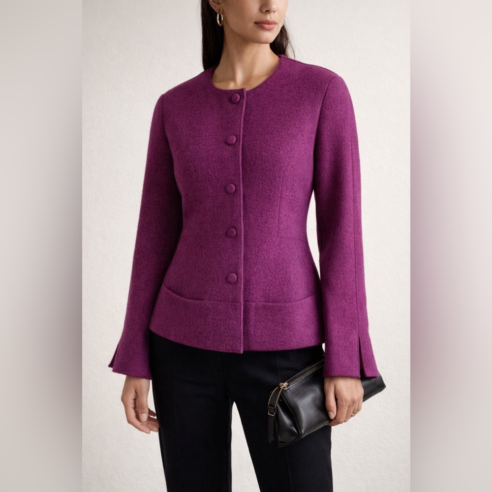 Vintage Authentic CHANEL Pink Fuchsia Boucle Felted Wool Silk Jacket 1999